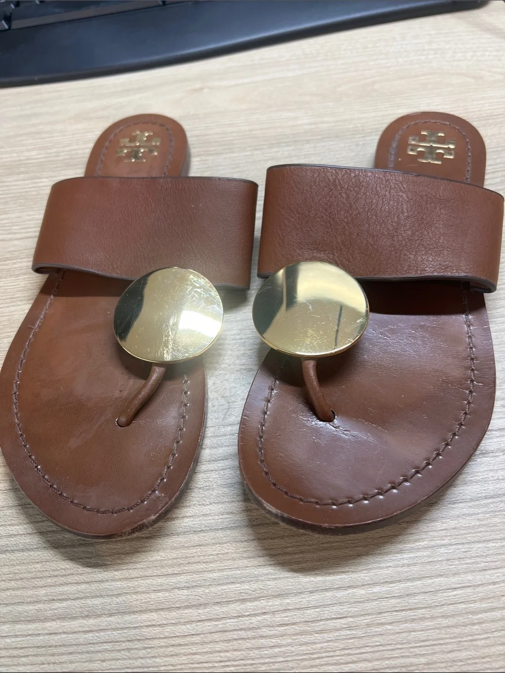 Tory Burch Patos Disk Brown Leather Flat Sandals 7 summer coastal boho vacation